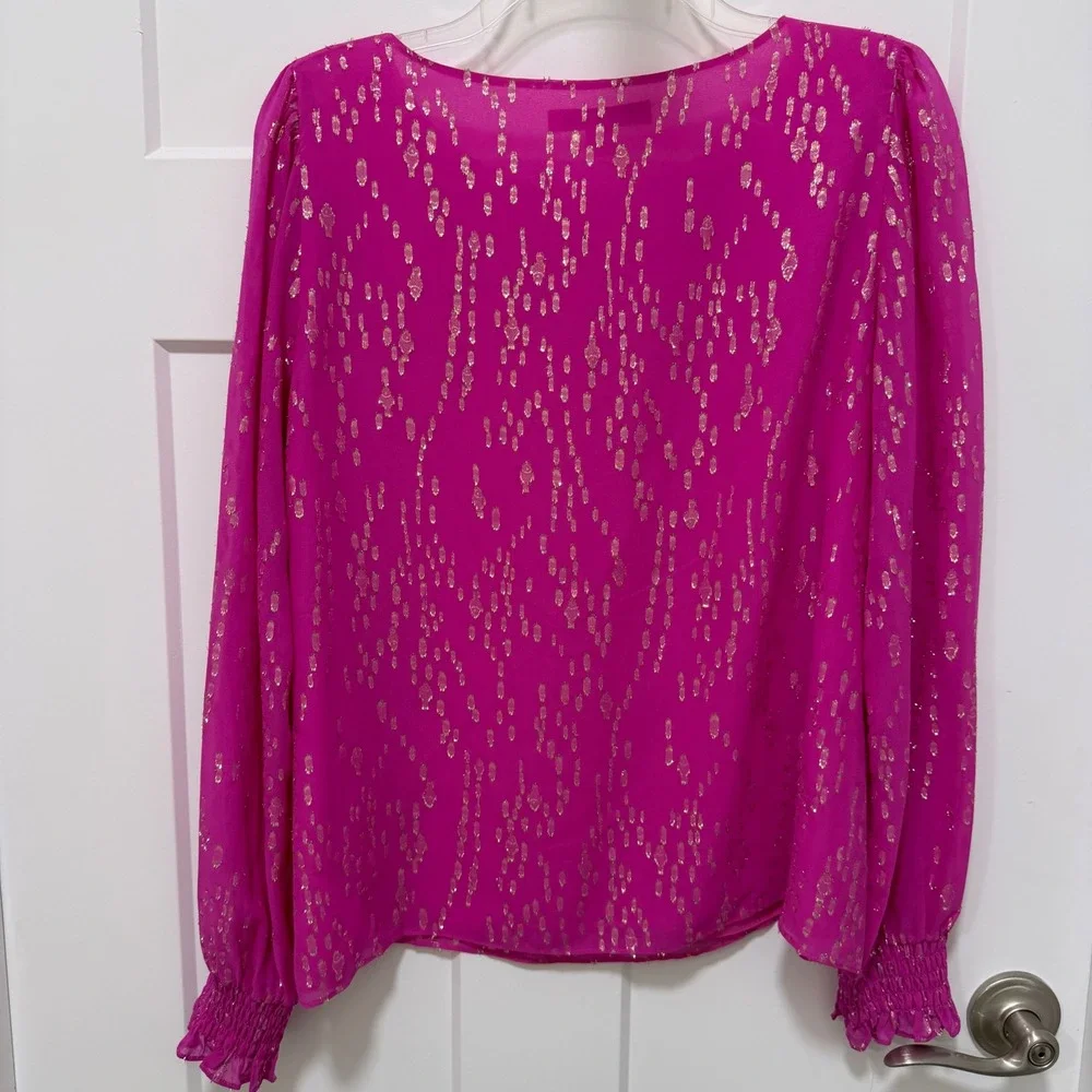 Lilly Pulitzer Pink Gold Metallic Silk Blend Smocked Puff Sleeve Blouse Medium